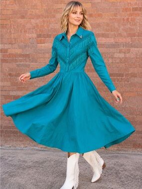 Vintage Lilia Smitty Teal Fringe Western dress Fringe Silver Studs Cowgirl
